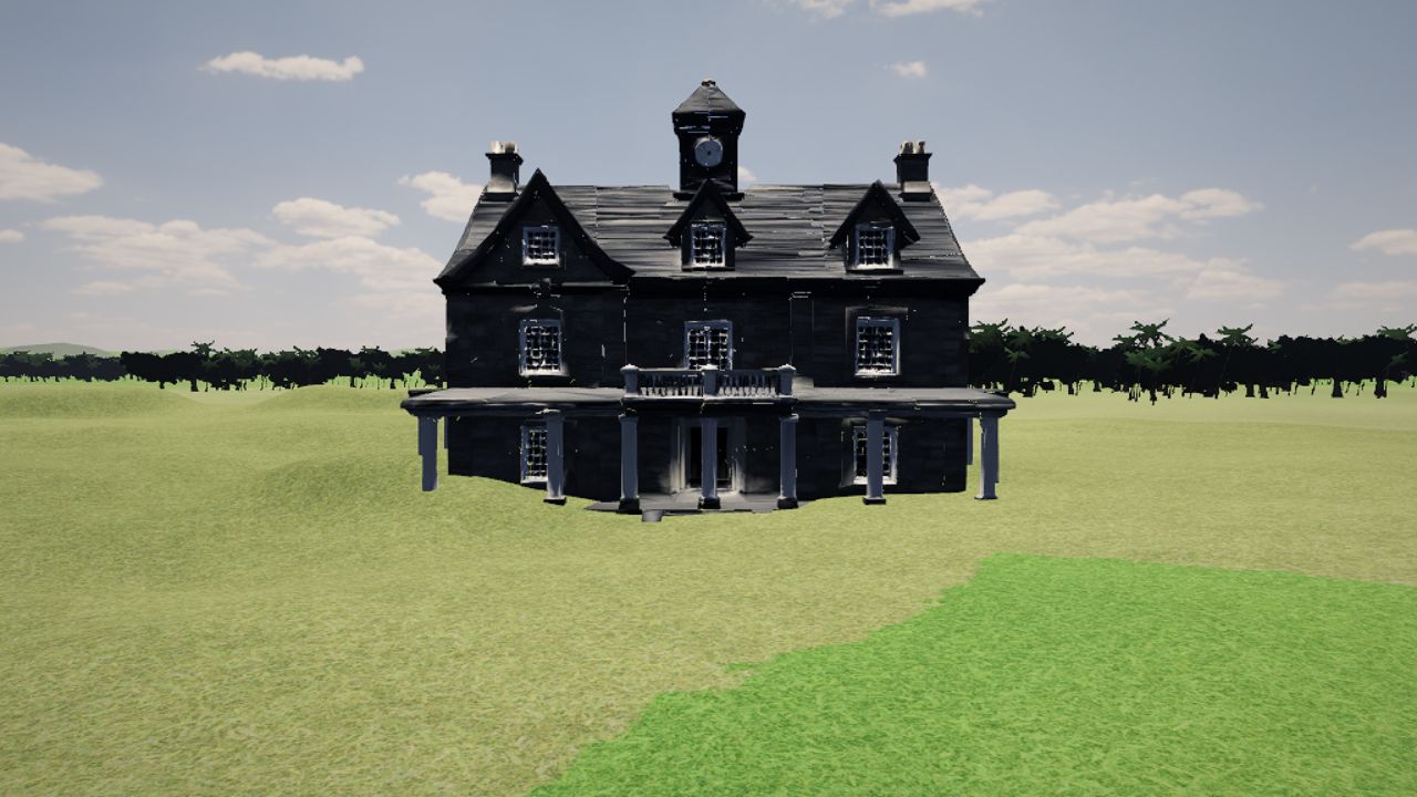 The stone clubhouse behind the first tee